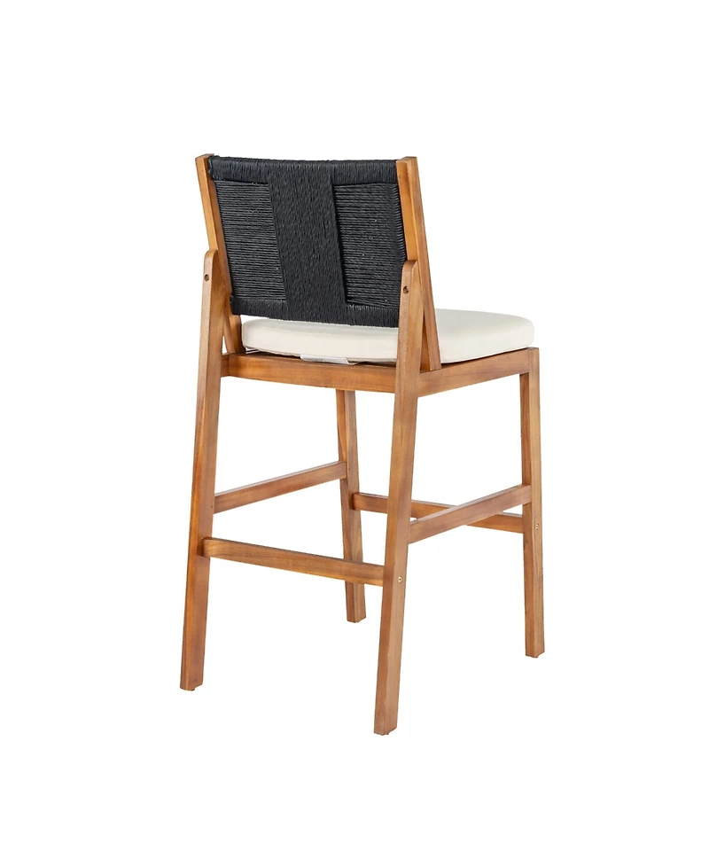 Rainsken Outdoor Bar Stools Set of 2, Acacia Wood Frame Counter Height Chairs with Cushion and Wicker Back for Kitchen Island, Poolside Patio