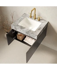 Sillysis 24 Inches Floating Bathroom Vanity with Italian Sintered Stone Top, Plywood Cabinet, 3 Hole Ceramic Sink, Soft Close Storage, Pre-assembled