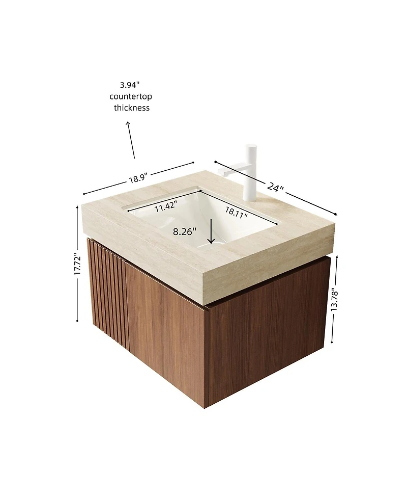 Sillysis 24 Inches Modern Floating Bathroom Vanity with Sintered Stone Top, Undermount Sink, Soft Close Drawer and Ample Storage, Pre-assembled