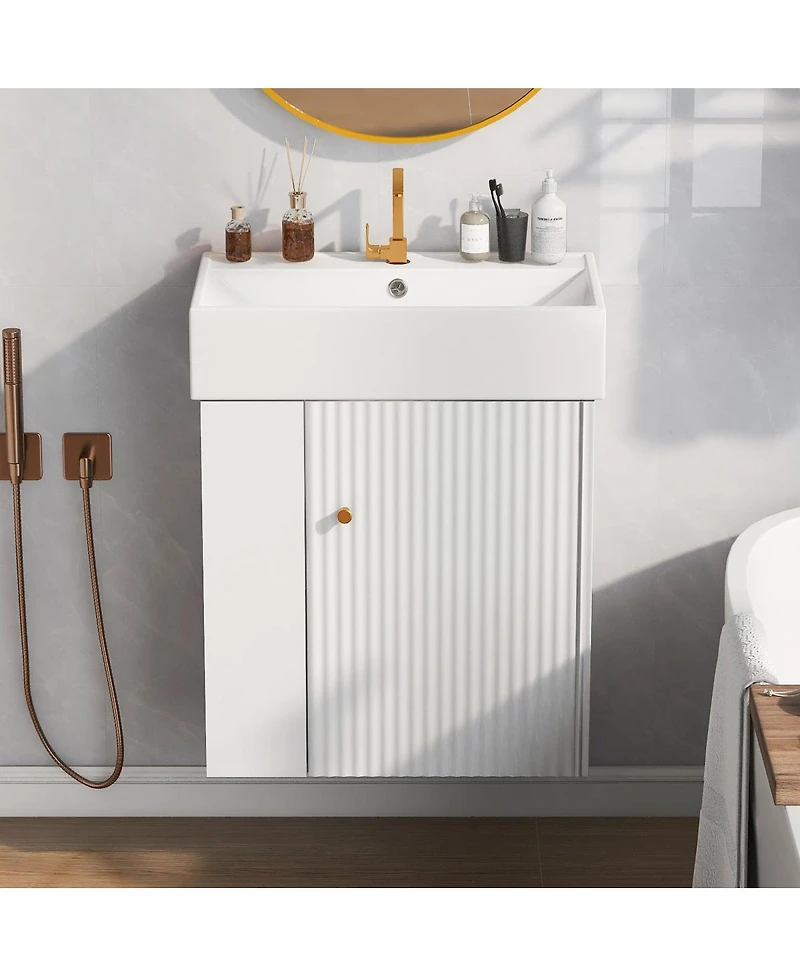 Sillysis 21.6'' Floating Bathroom Vanity with Ceramic Sink, Left Side Storage, Soft Close, Modern Wall Mounted Cabinet for Small Spaces