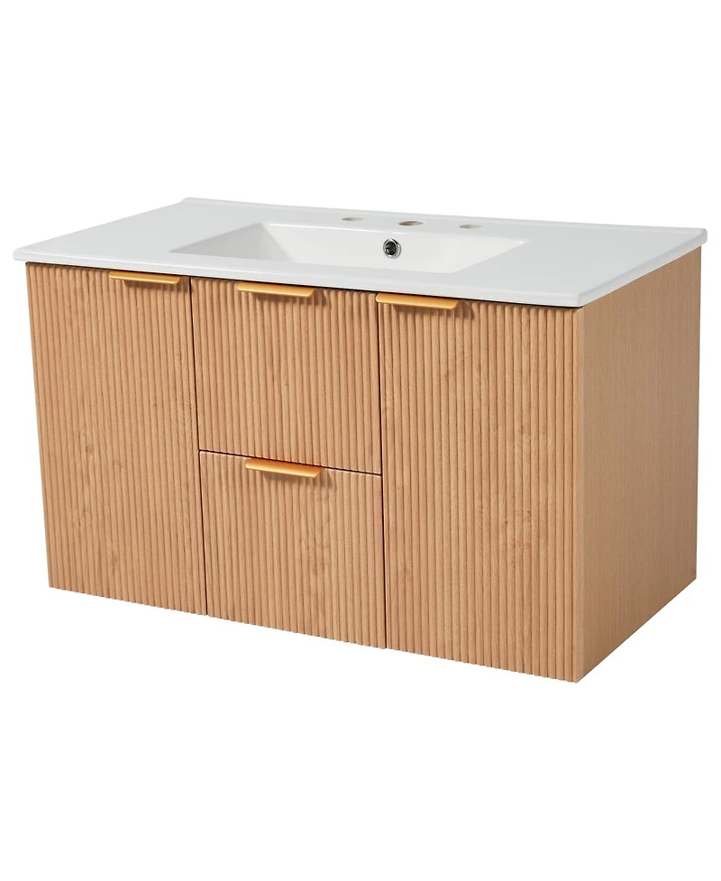 Sillysis 36 Inches Wall Mounted Bathroom Vanity with Ceramic Sink, Soft Close Drawers, Modern Mdf Cabinet for Small Spaces