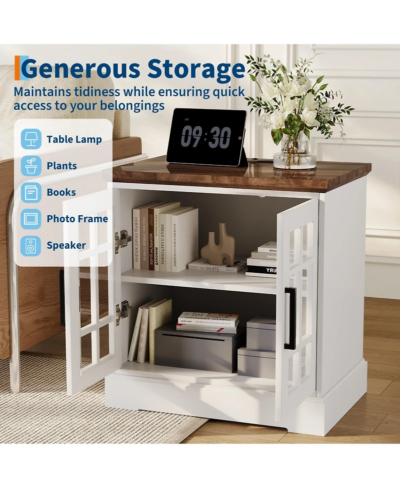 homfan Farmhouse Bedside End Table with Charging Station, Glass Barn Door Design, Adjustable Shelves and Large Storage, Stable for Bedroom