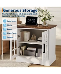 homfan Farmhouse Bedside End Table with Charging Station, Glass Barn Door Design, Adjustable Shelves and Large Storage, Stable for Bedroom