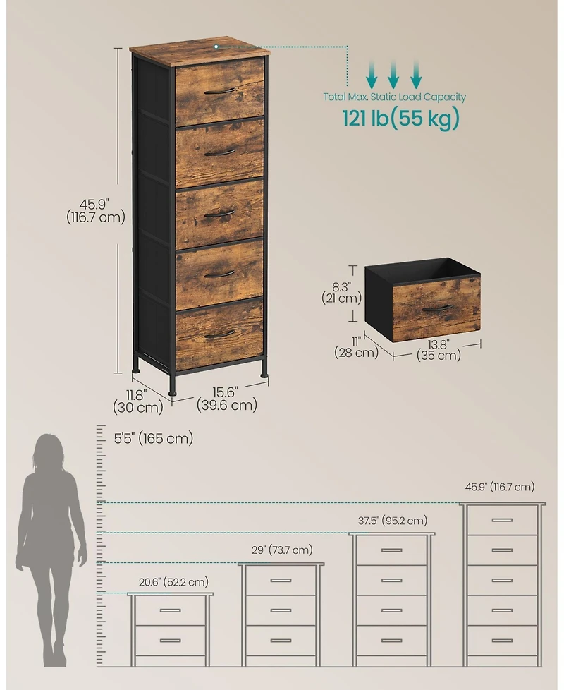 Slickblue Modern 5 Drawer Tall Dresser Rustic Finish Steel Frame Storage Cabinet
