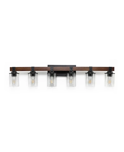 Busdays 42 Inch Rustic 6 Light Vanity Light Industrial Bathroom Wall Sconce with Glass Shades Wood Accent Modern Farmhouse Lighting Fixture No Bulbs