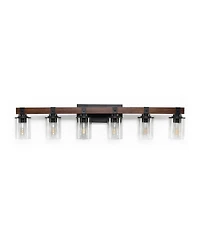 Busdays 42 Inch Rustic 6 Light Vanity Light Industrial Bathroom Wall Sconce with Glass Shades Wood Accent Modern Farmhouse Lighting Fixture No Bulbs