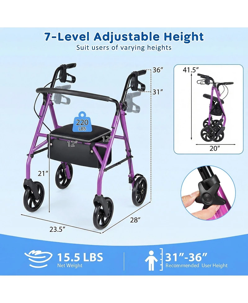 Costway Rollator Walker with Seat, Height Adjustable Handles, Storage Basket for Seniors