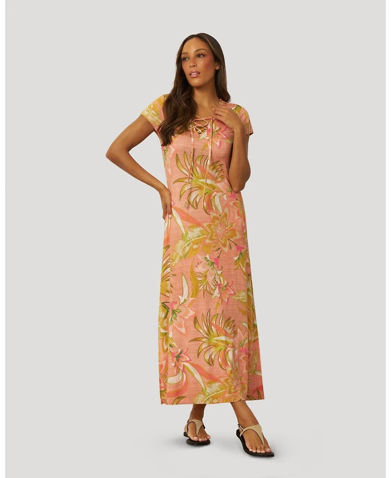 Cable & Gauge Women's Lace Up V Neck Printed Maxi Dress