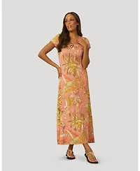 Cable & Gauge Women's Lace Up V Neck Printed Maxi Dress
