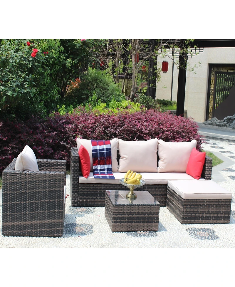 Clihome 4 Piece Outdoor Rattan Conversation Sofa Set Pe Wicker Patio Furniture Set with Cushion, Tempered Glass Coffee Table