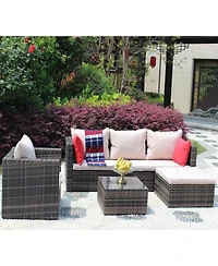Clihome 4 Piece Outdoor Rattan Conversation Sofa Set Pe Wicker Patio Furniture Set with Cushion, Tempered Glass Coffee Table