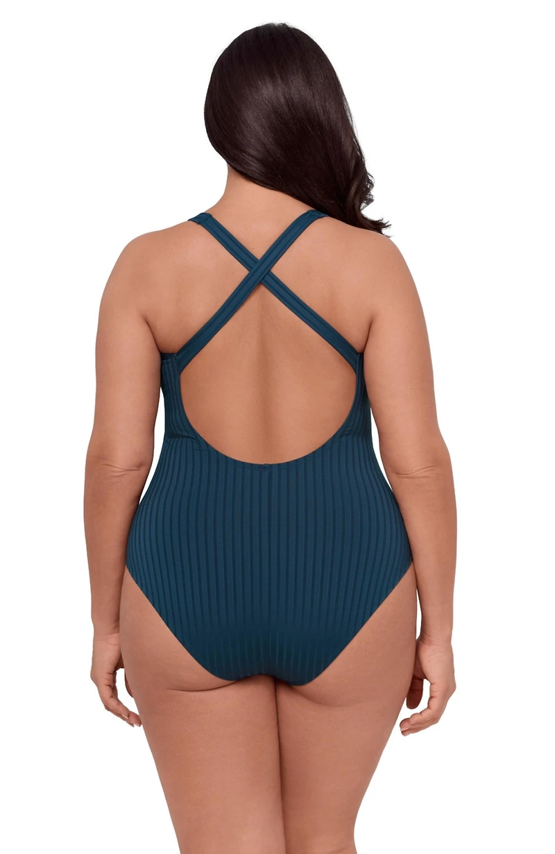 S3 Apparel Women's Smoothing and Sculpting Ribbed Scoop-Neck Crossback One-Piece Swimsuit