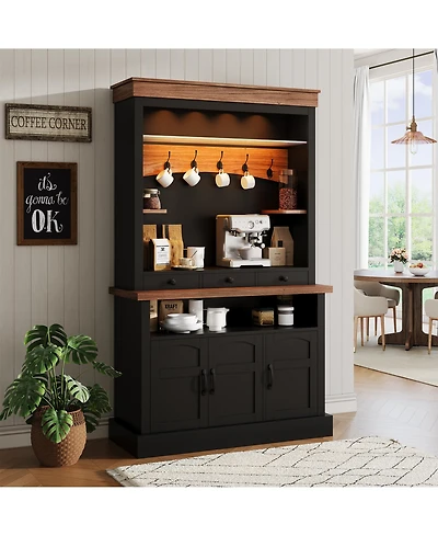 homfan 72 Inch Tall Farmhouse Coffee Bar Cabinet with Led Lights, Adjustable Shelves, Doors and Drawer, Multi-Room Storage Sideboard