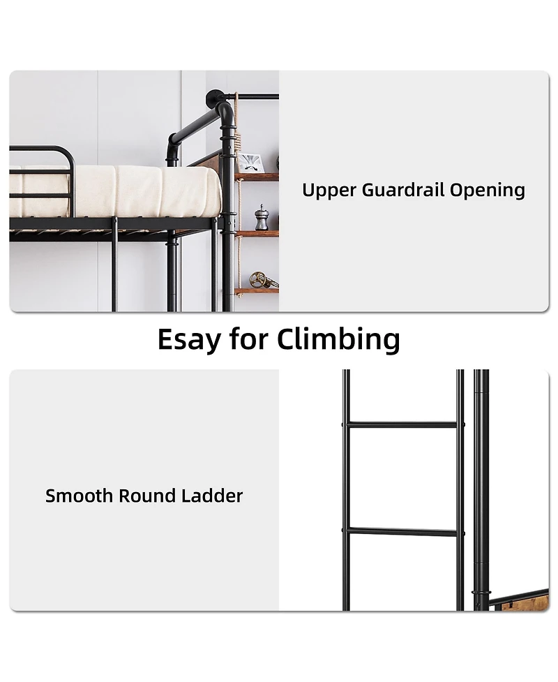 homfan Twin Over Metal Bunk Bed, Converts to 2 Single Beds, Detachable Ladder and Guardrails, Industrial Style with Board Accents