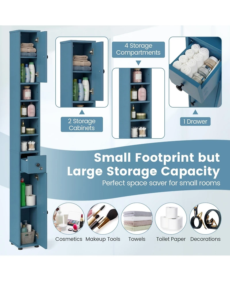 Costway Slim Bathroom Tall Cabinet with 2 Doors, 1 Drawer and 5 Adjustable Shelves for Home