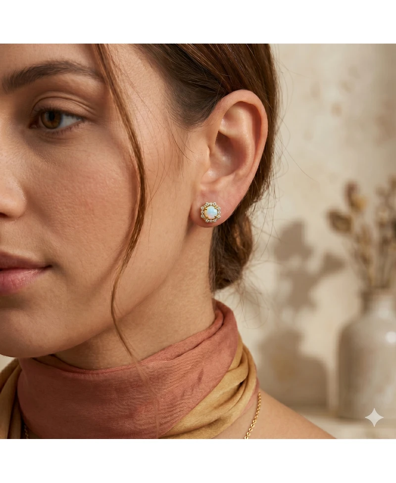 Simona Elegant Round White Opal Halo Cz Studs