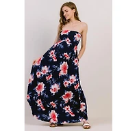 Hello Miz Maternity Strapless Empire Waist Floral Maxi Dress with Side Pockets