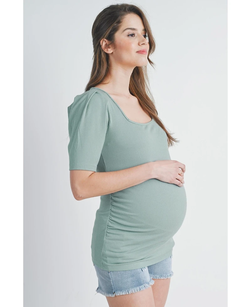 Hello Miz Maternity Ribbed Puff Sleeve Square Neck Top