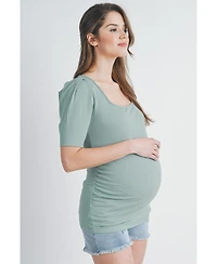 Hello Miz Maternity Ribbed Puff Sleeve Square Neck Top