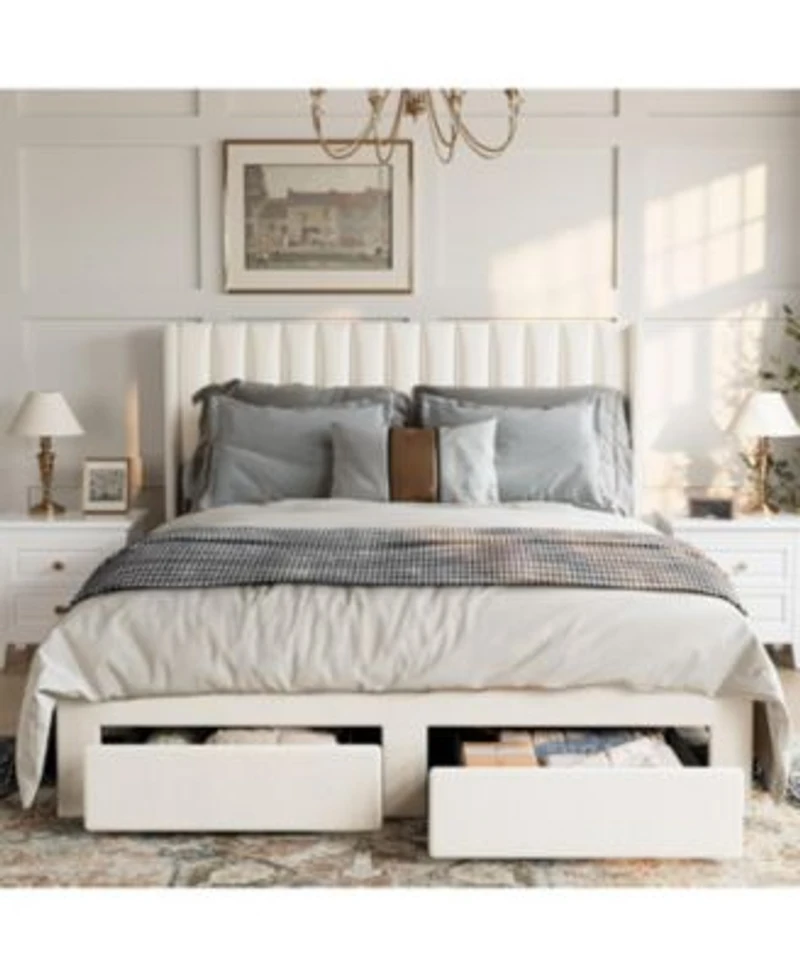 Gaomon Full Size Bed Frame Bed Frame Upholstered Platform Bed With Velvet Headboard Wing Edge Design 2 Storage Drawers No Box Spring Needed