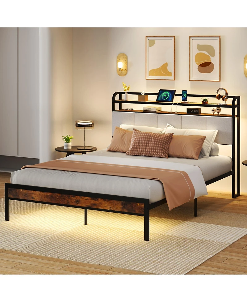 Gymax Bed Frame w/ Led Light and Charging Station Heavy Duty Metal Platform Bed