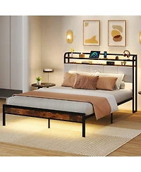 Gymax Bed Frame w/ Led Light and Charging Station Heavy Duty Metal Platform Bed
