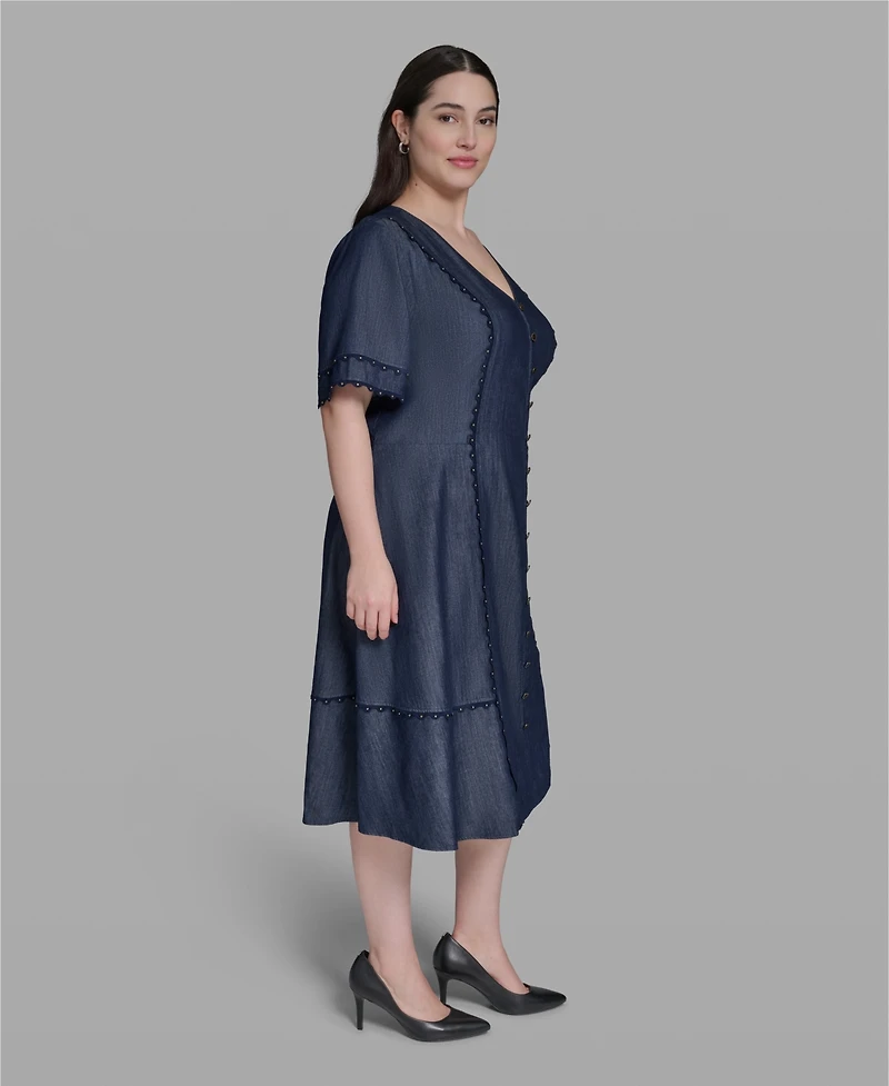 Karl Lagerfeld Paris Plus Rayon-Blend Chambray V-Neck Dress