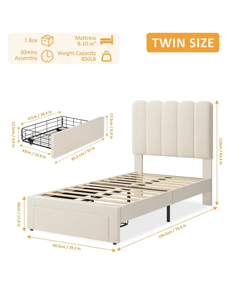 gaomonBed Frame with Under, Upholstered Platform Bed with Wave Headboard for Kids/Girls, No Box Spring Needed