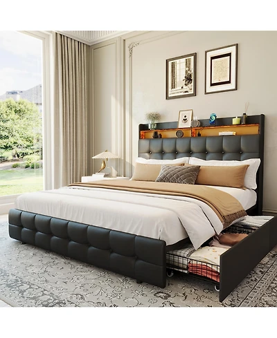 homfan Upholstered Bed Frame with Led Storage Headboard, Charging Station and 2 Drawers