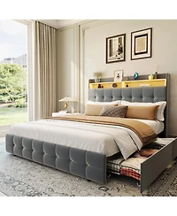 homfan Upholstered Bed Frame with Led Storage Headboard, Charging Station and 2 Drawers