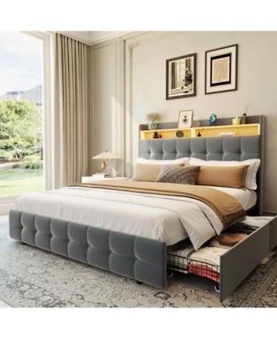 Homfan Upholstered Bed Frame With Led Storage Headboard Charging Station 2 Drawers Platform Bed