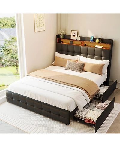 homfan Upholstered Bed Frame with Led Storage Headboard, Charging Station and 2 Drawers