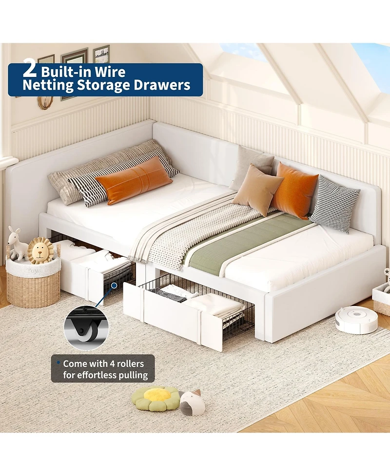 homfan Upholstered Daybed with 2 Storage Drawers, Adjustable Corner Bed Frame Extended Headboard and Guardrails