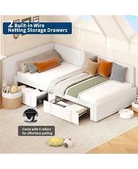 homfan Upholstered Daybed with 2 Storage Drawers, Adjustable Corner Bed Frame Extended Headboard and Guardrails