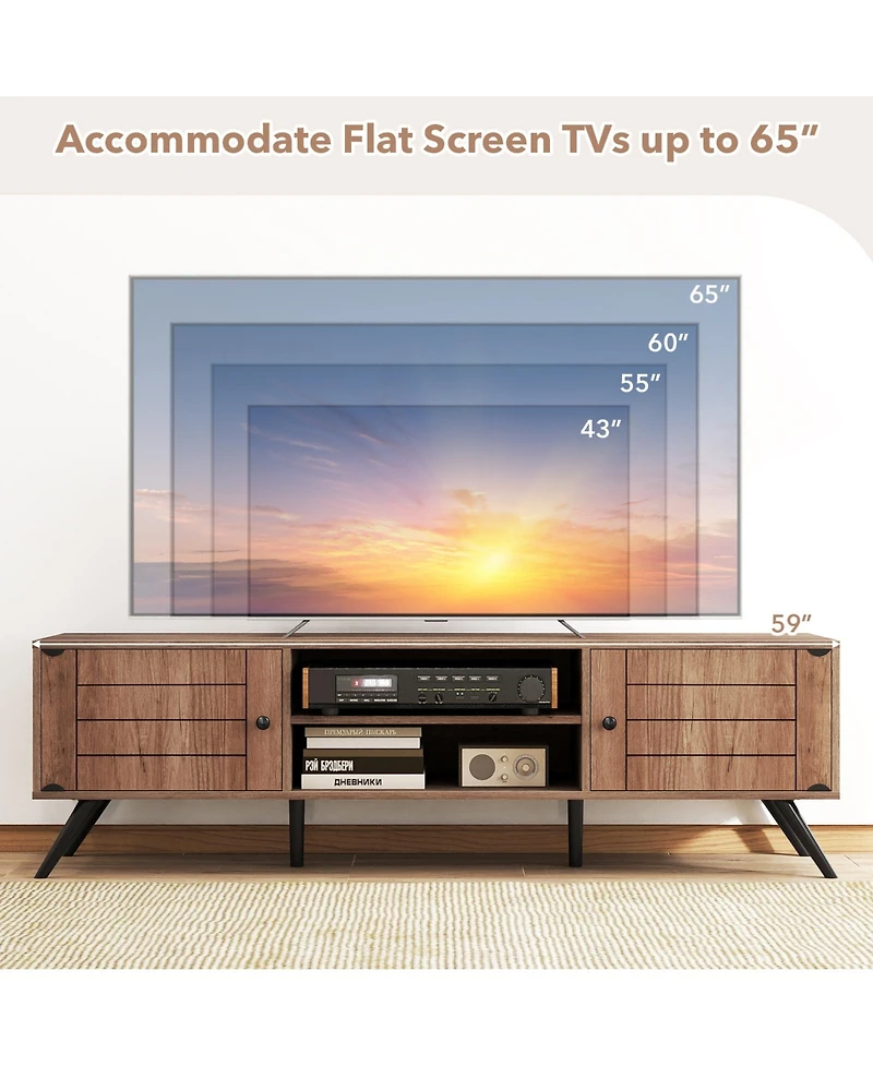 Gymax Tv Stand with 2 Storage Cabinets and Open Shelves 6 Support Feet for Living Room