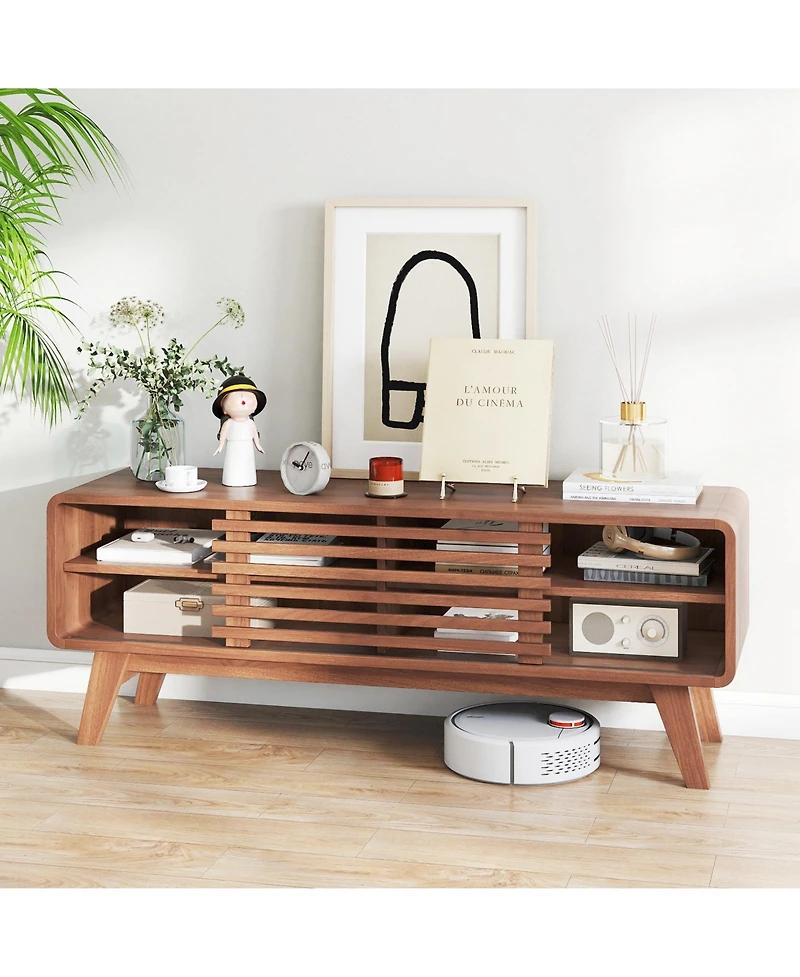 Gymax Tv Stand with Sliding Door Adjustable Shelves and Rubber Wood Legs for TVs
