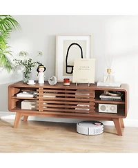 Gymax Tv Stand with Sliding Door Adjustable Shelves and Rubber Wood Legs for TVs