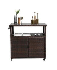flynama Outdoor Wicker Bar Cart with Plastic Wood Top