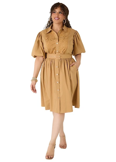 Ashley Stewart Women's Crochet Panel A Line Shirtdress