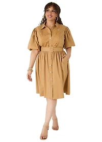 Ashley Stewart Women's Crochet Panel A Line Shirtdress
