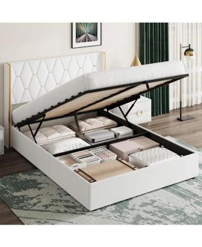 Homfan Velvet Lift Up Storage Bed Frame With Wingback Headboard Gold Trim Diamond Tufted Platform Bed No Box Spring Needed