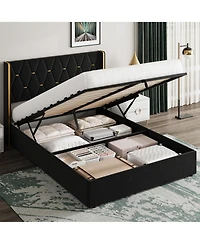 homfan Velvet Lift-Up Storage Bed Frame with Wingback Headboard and Gold Trim, Diamond Tufted Platform Bed