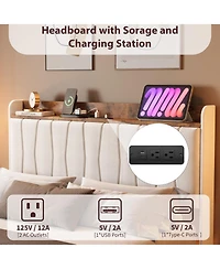 homfan Floating Platform Bed Frame with Led Lights, Charging Station and Storage Headboard, Upholstered Bed