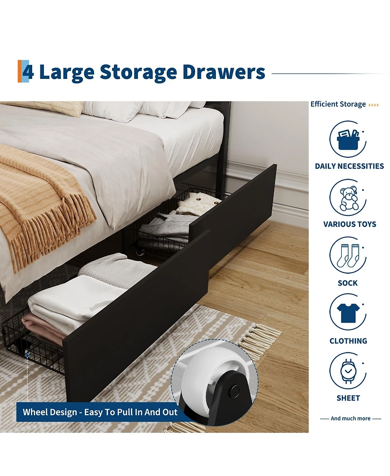 homfan Rattan Platform Bed Frame with Led Headboard and 4 Drawers