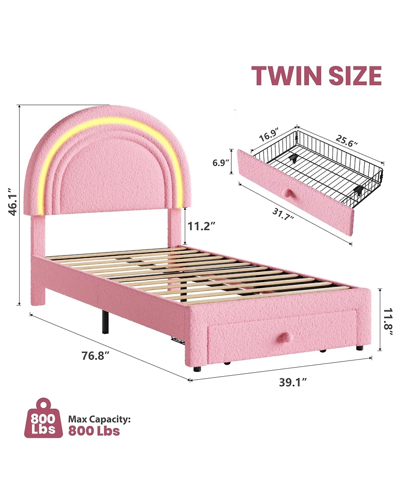homfan Upholstered Kids Bed Frame with Led Rainbow Headboard and Storage Drawer, Wood Slats, No Box Spring Needed