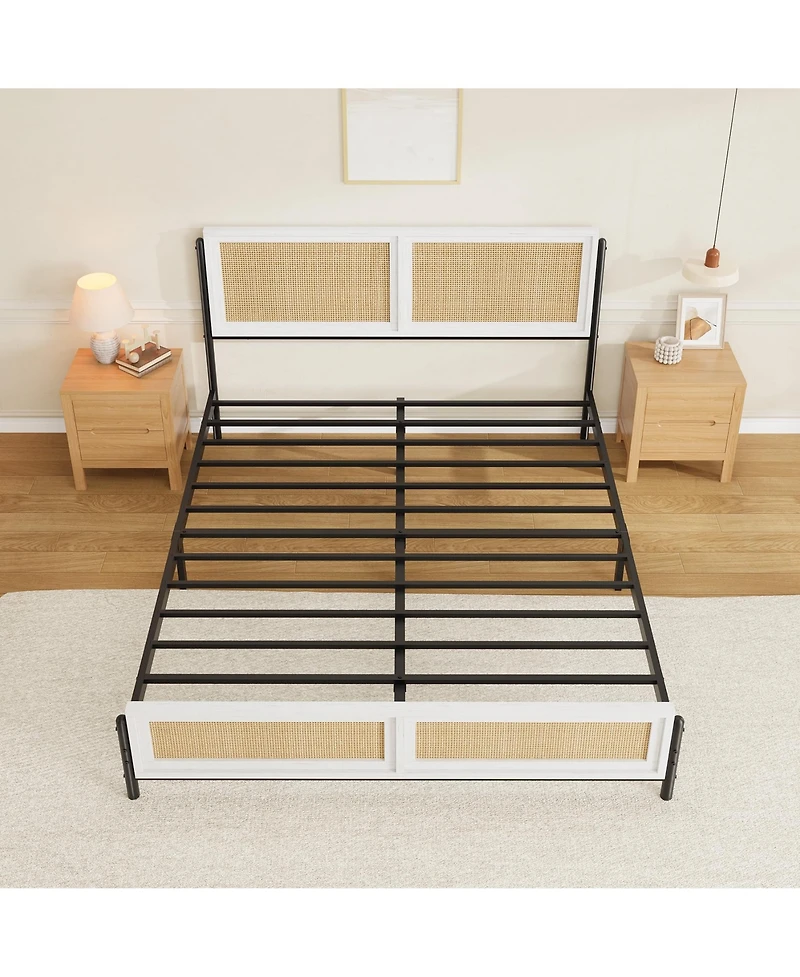 homfan Boho Rattan Platform Bed Frame with Headboard and Footboard, Quiet Support, Underbed Storage