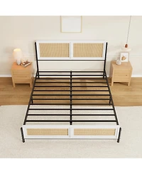 homfan Boho Rattan Platform Bed Frame with Headboard and Footboard, Quiet Support, Underbed Storage