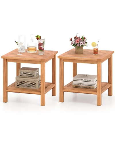 Slickblue Outdoor Side Table Set of 2 Acacia Wood with Storage Shelf