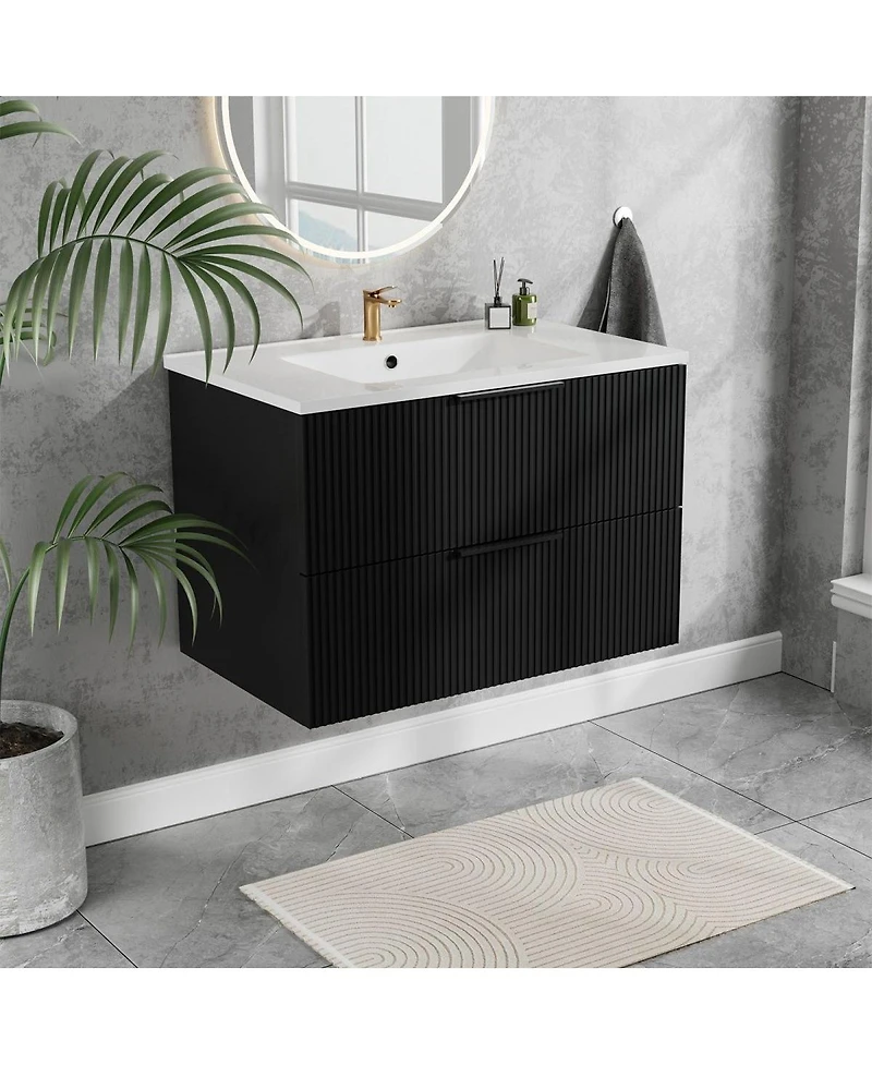 Thirtypeachy Modern Floating Vanity With Ceramic Sink,Fluted Wall-Mount Cabinet, 2 Drawers U-Shaped Cutout