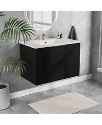 Thirtypeachy Modern Floating Vanity With Ceramic Sink,Fluted Wall-Mount Cabinet, 2 Drawers U-Shaped Cutout